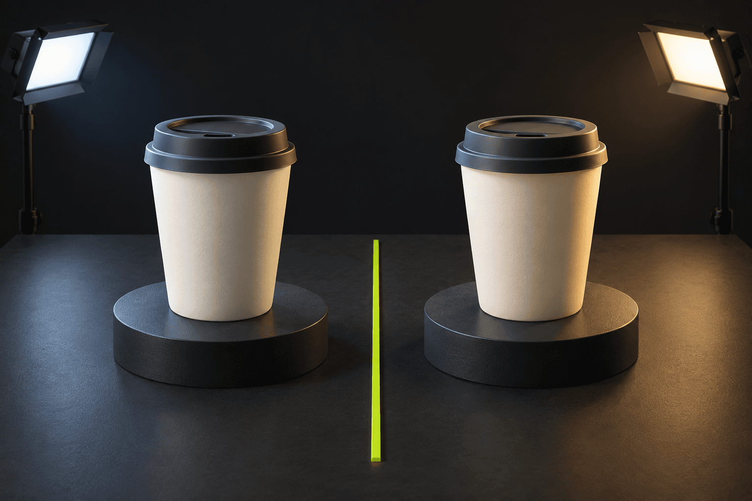 Two identical reusable cups sit in matching miniature studio sets with only the lighting changed.