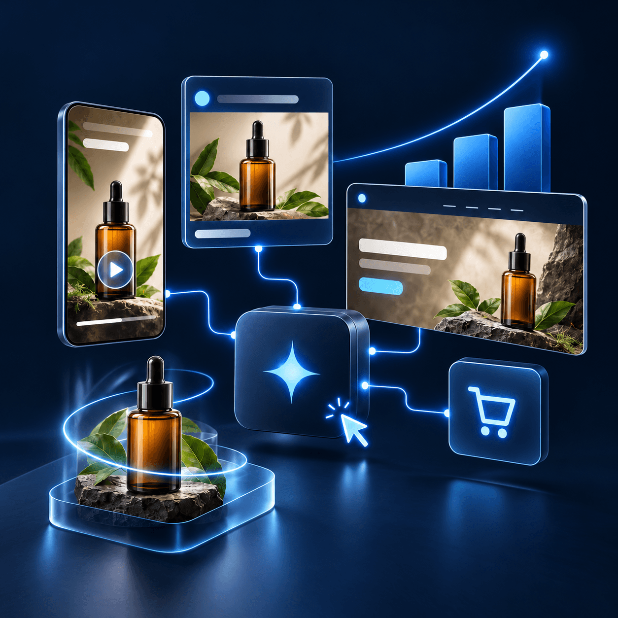 Campaign concept: one product across a video ad, product image and website hero, connected to a shopping cart and an abstract growth curve.