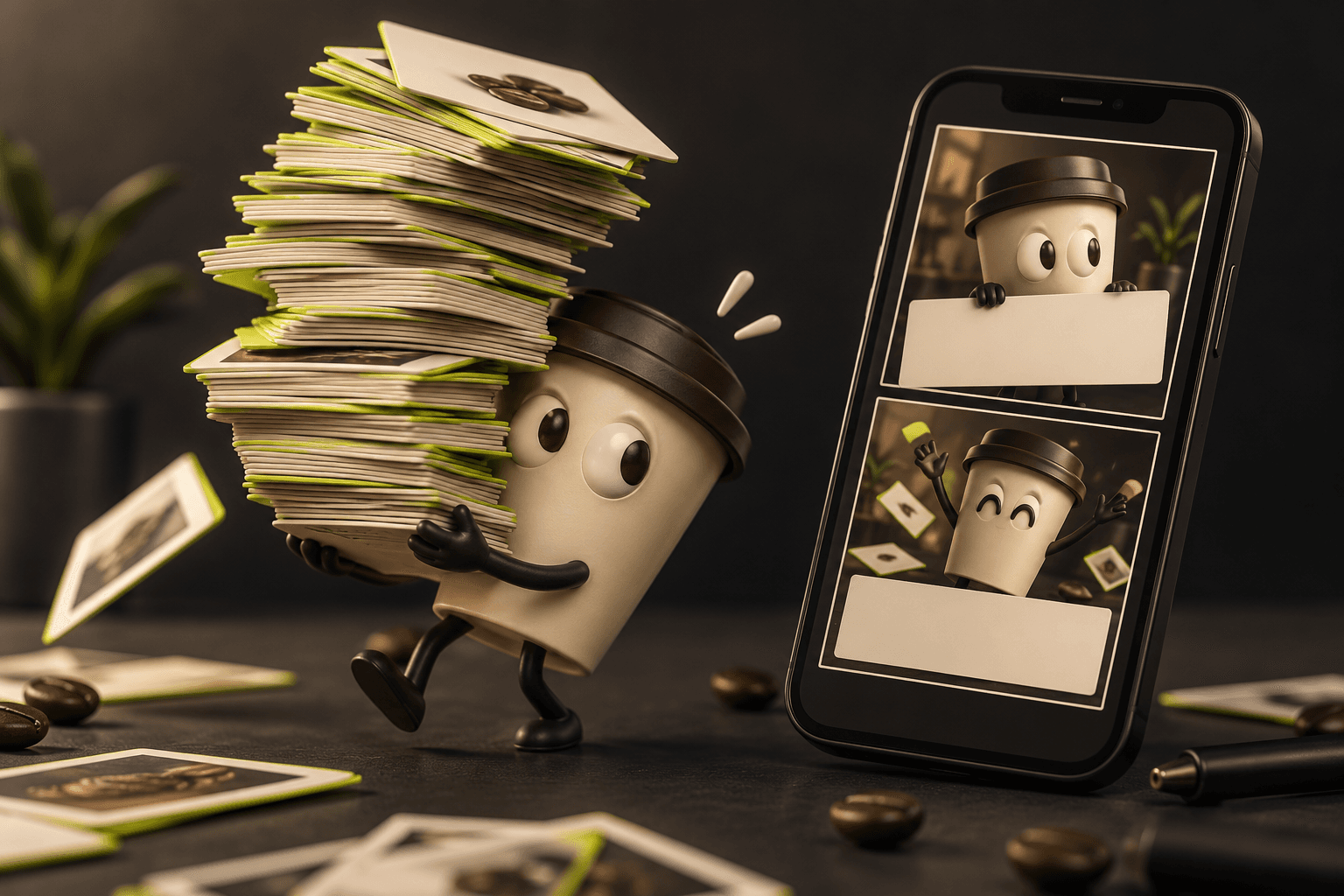 A playful coffee cup character carries an oversized stack of content cards beside a phone with an original two-panel meme layout.