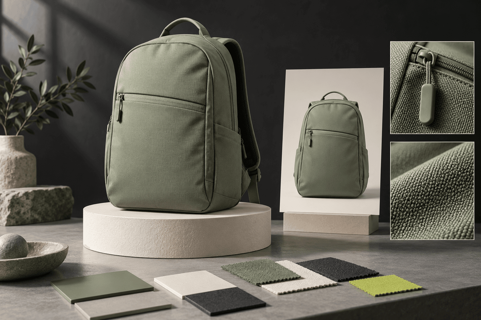 An unbranded sage backpack is photographed beside product reference details and a coordinated set of approved brand image compositions.
