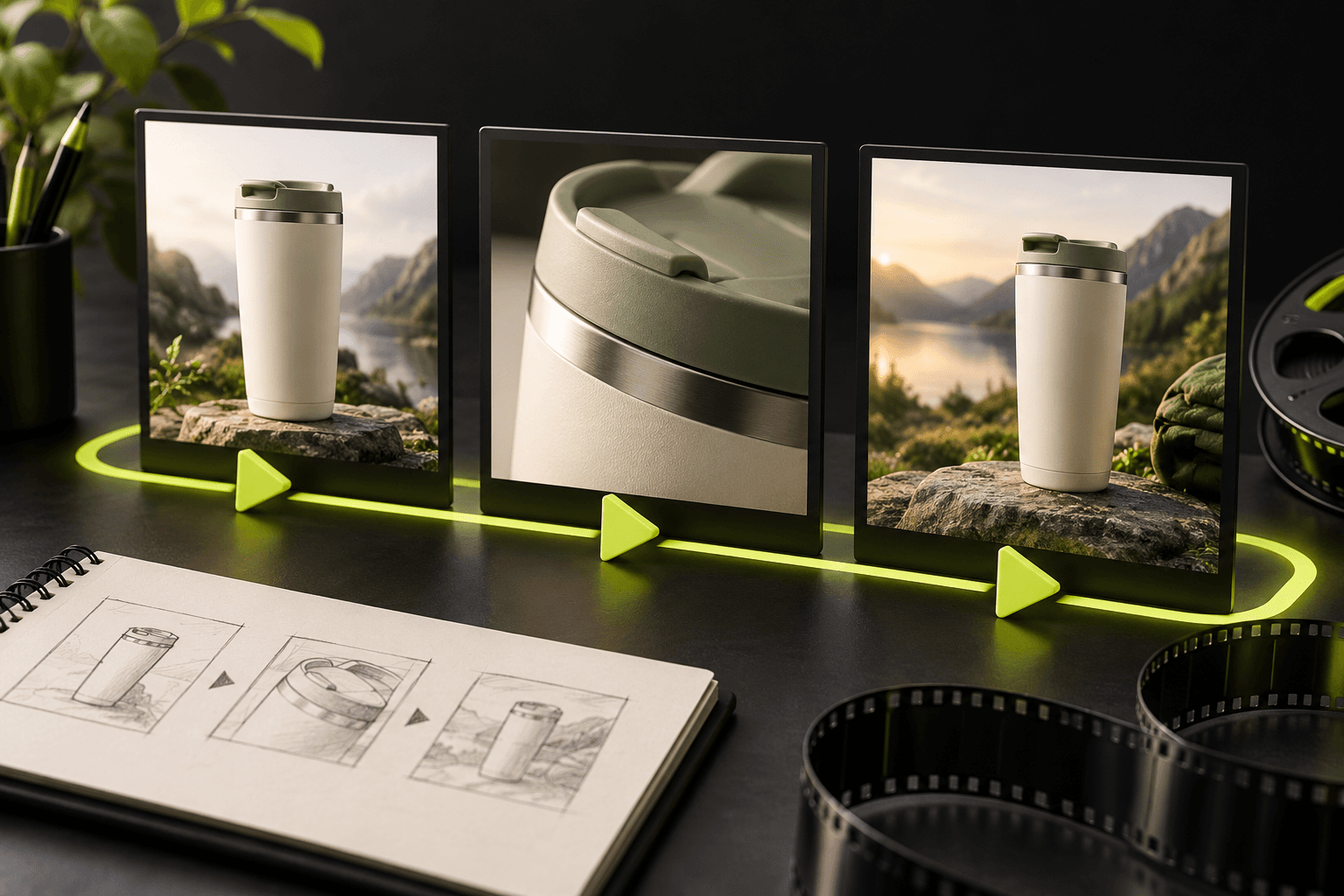 Three planned tumbler shots show the product reveal, material close-up and closing scene along a connected storyboard path.