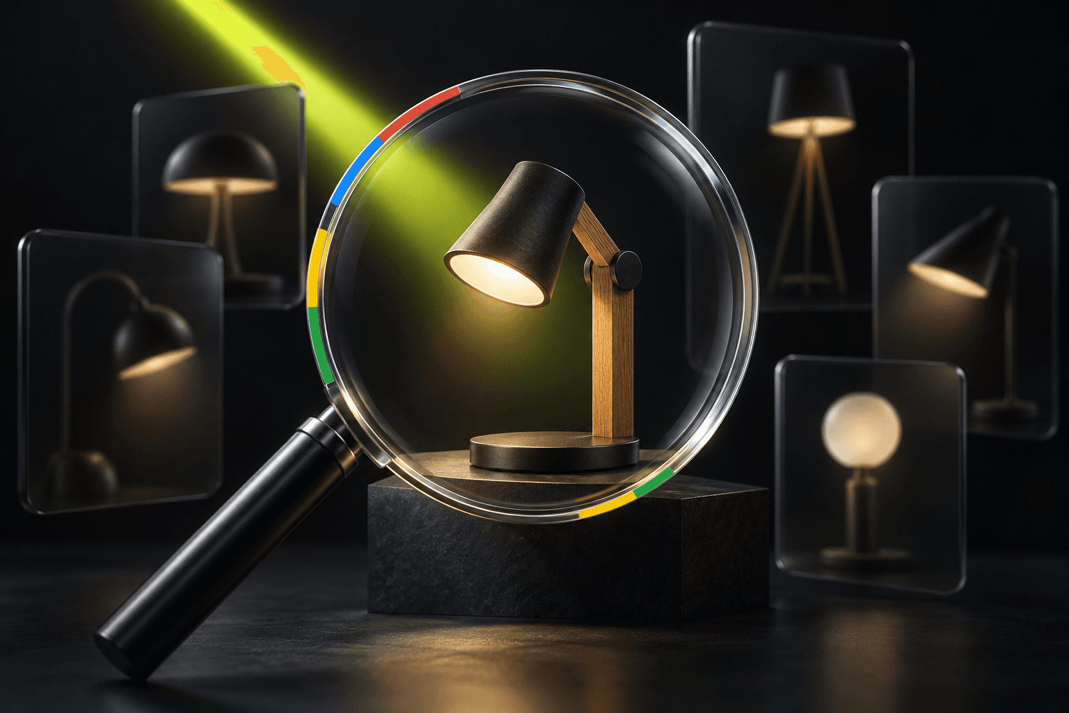 A search lens isolates a compact desk lamp from distracting product cards, illustrating purchase-intent matching.