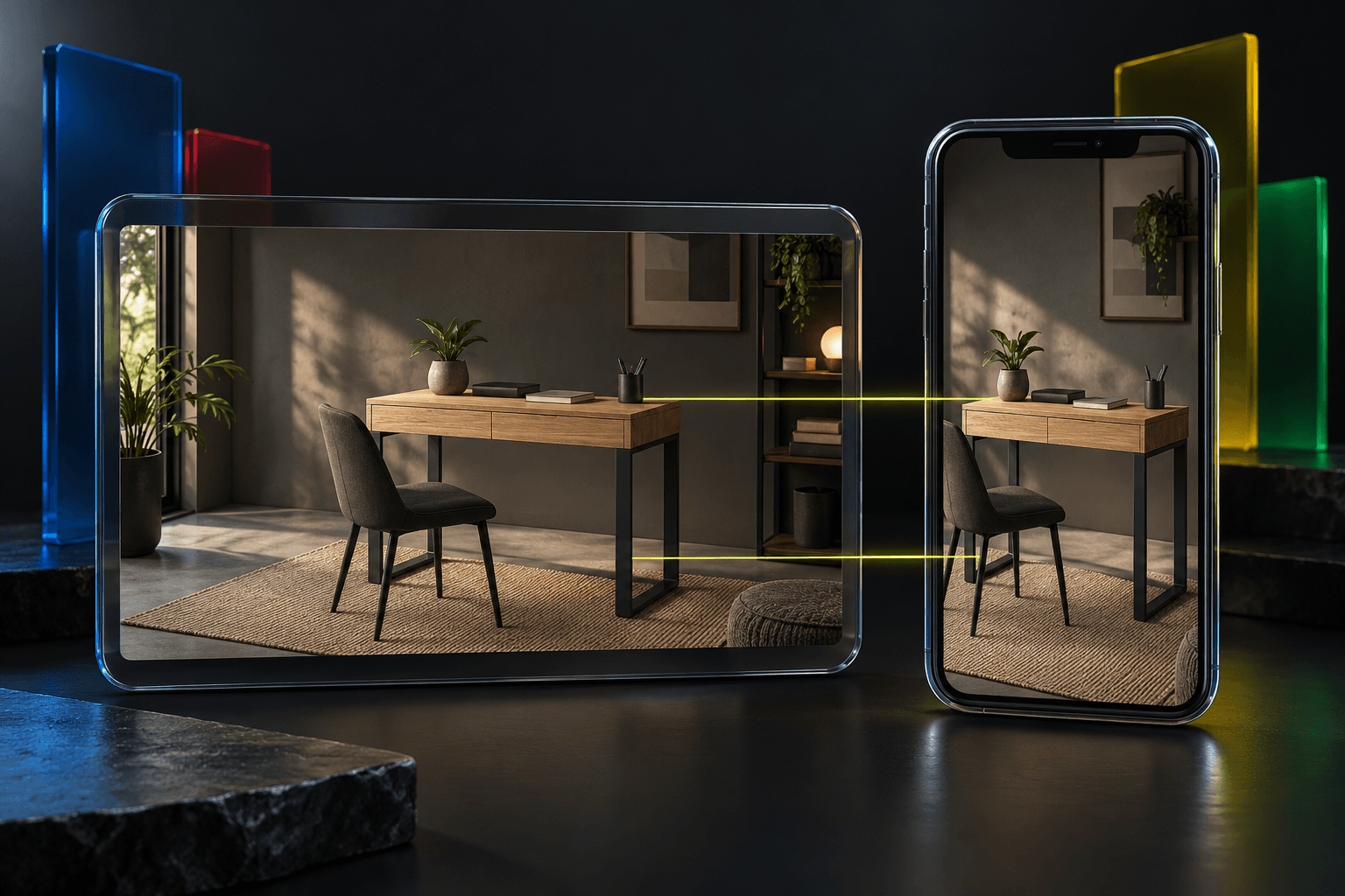 The same compact oak desk appears in a wide hero frame and phone frame, joined by a precise lime alignment line.
