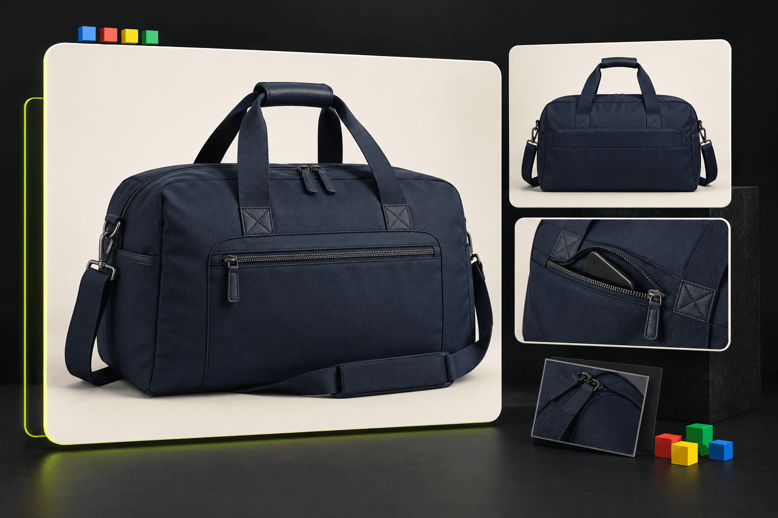 A navy travel bag on a clean light product sweep, with consistent supporting views and its original source image.