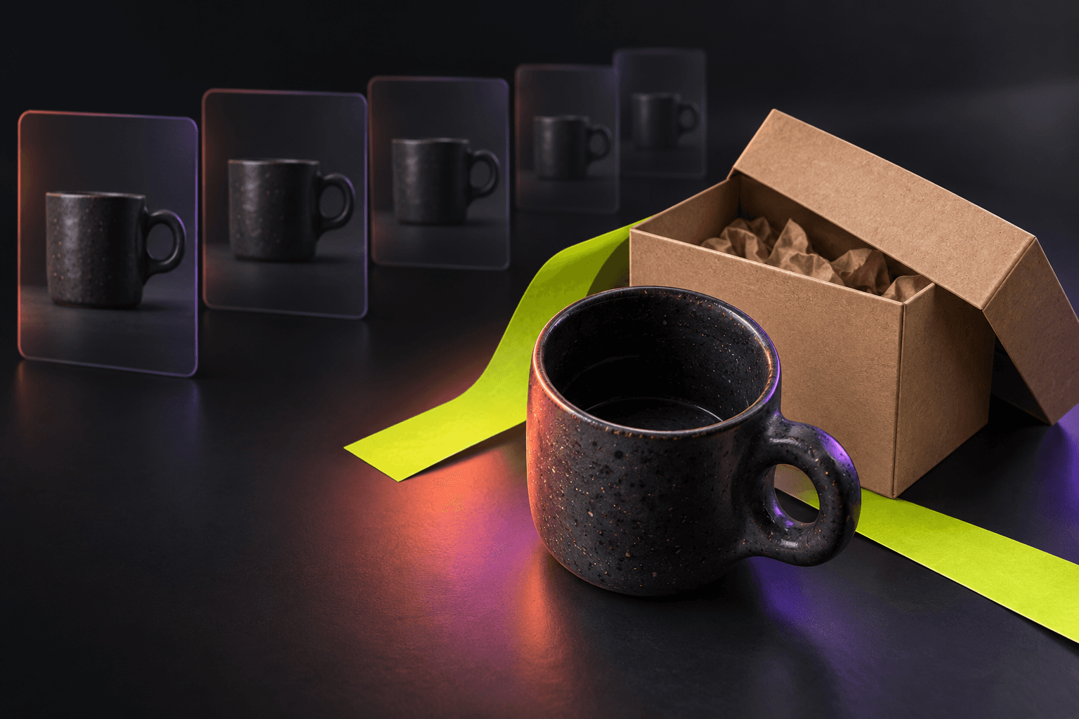 A repeated series of mug creatives gives way to a fresh close-up and an honest gift-packaging angle.