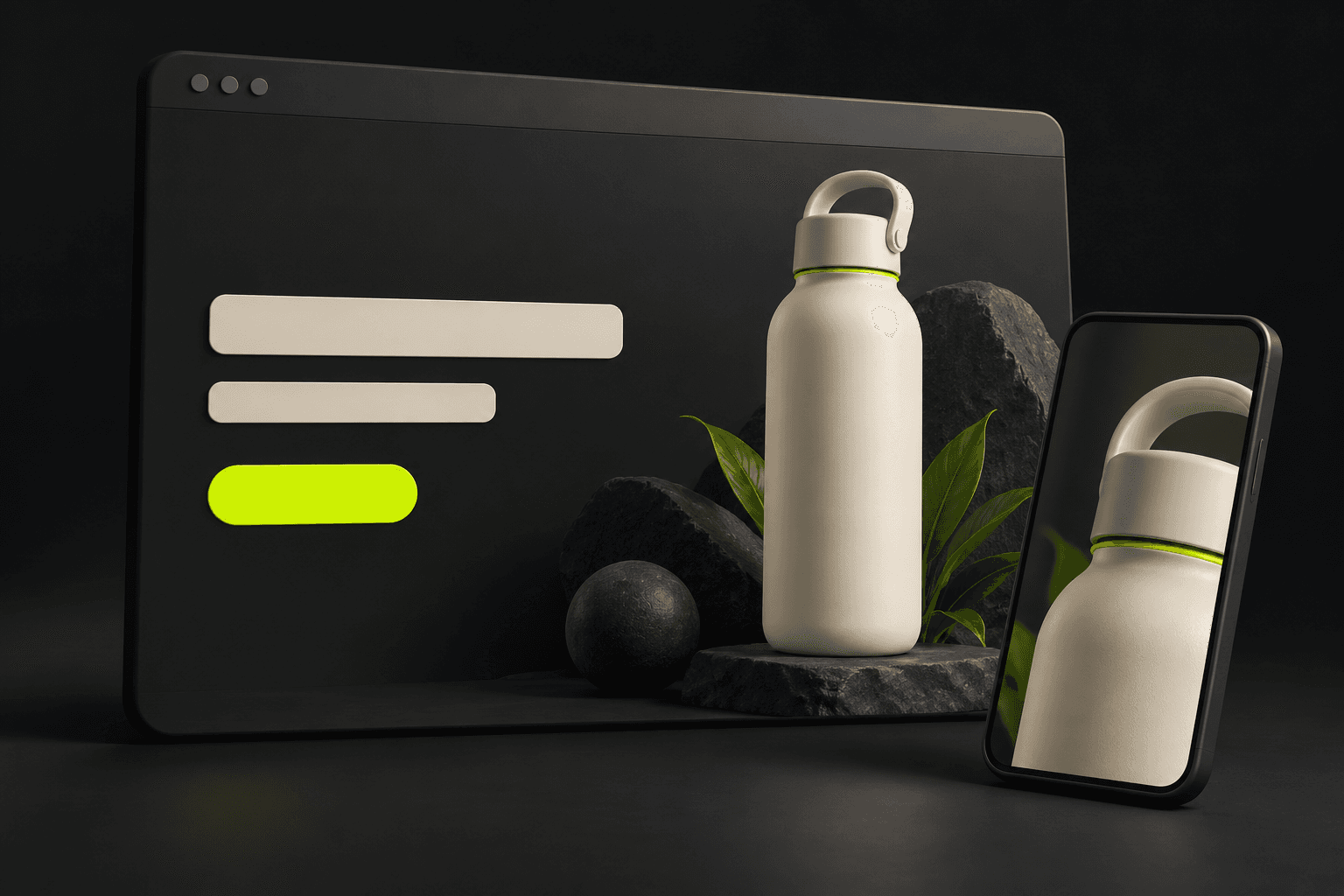 An abstract landing-page frame pairs an ivory bottle with blank heading shapes and a clear lime action.