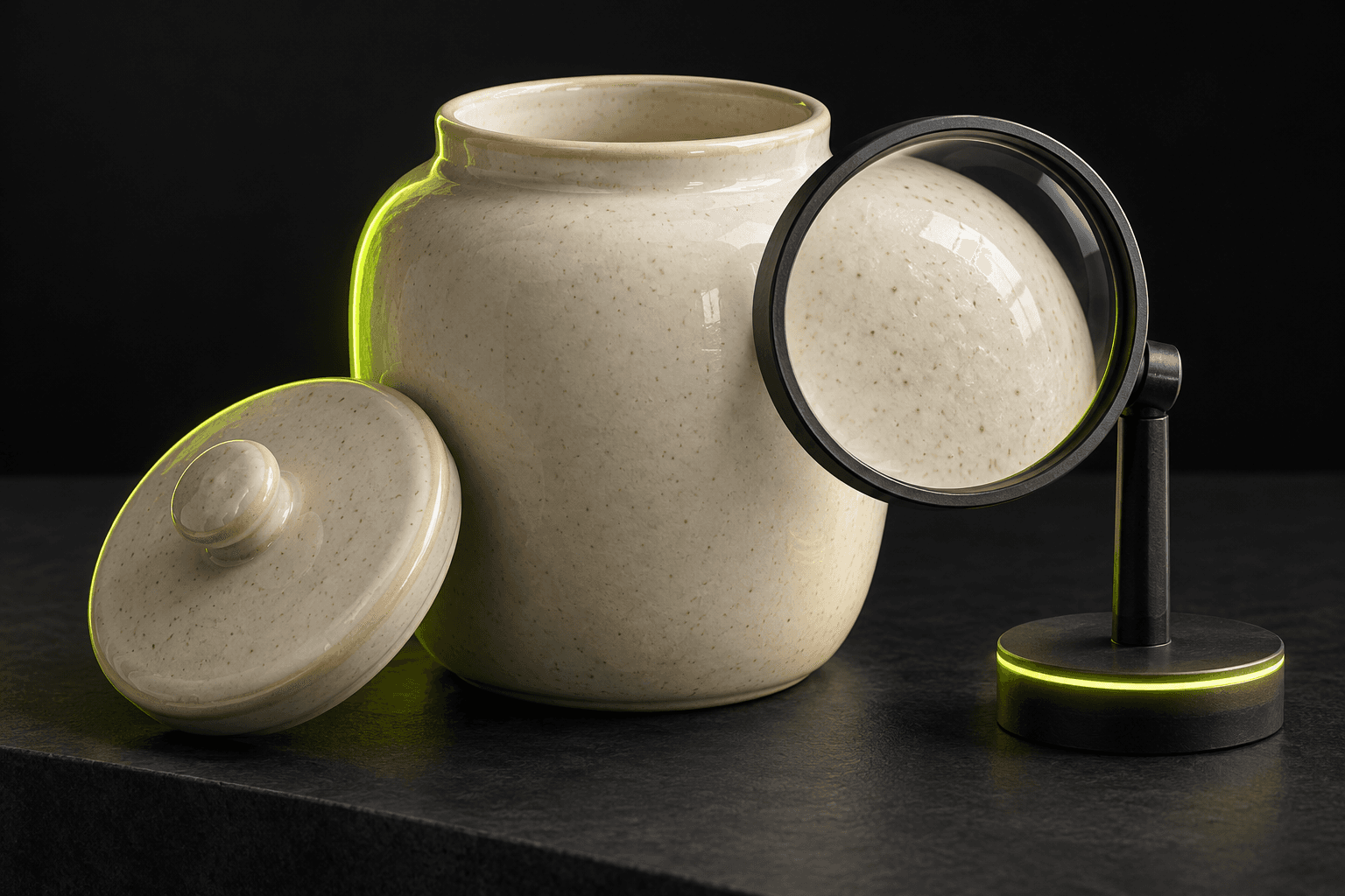 A ceramic jar, matching lid and glass loupe arranged to reveal the product’s shape and surface detail.