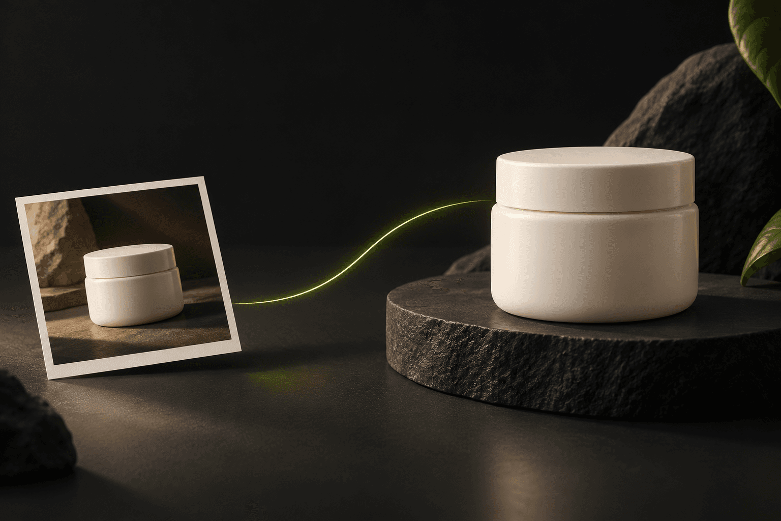 A still product photograph leads into a larger skincare jar with a restrained camera-motion arc.