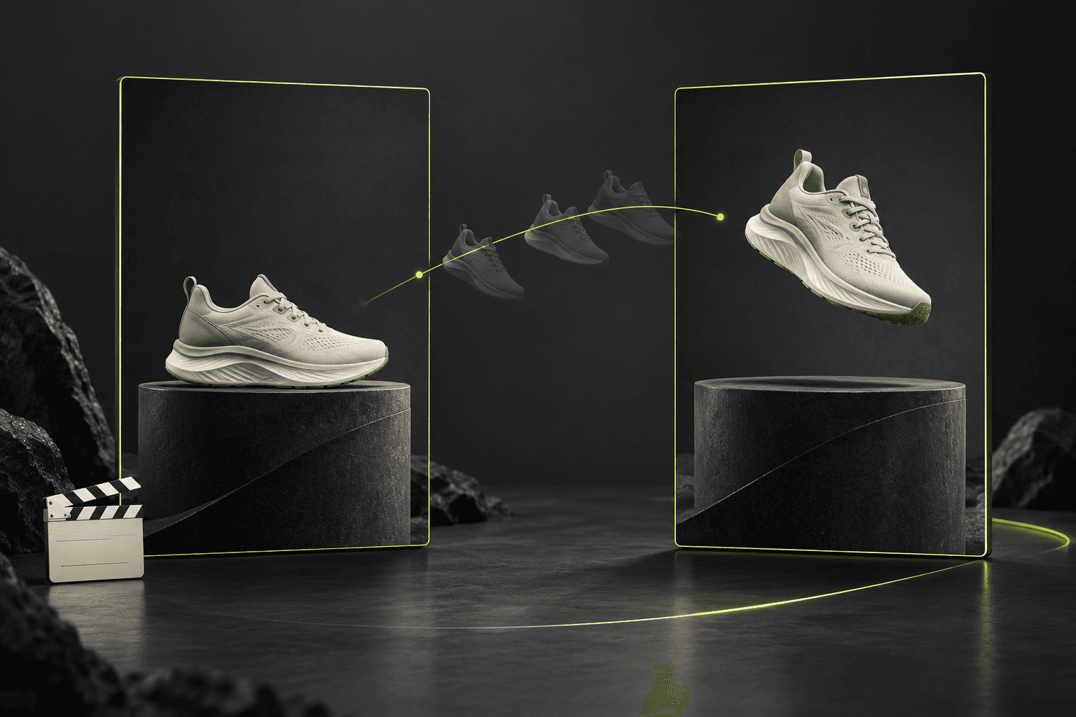 Two approved frames show the same ivory running shoe on a plinth and in a restrained airborne closing pose, linked by a motion arc.