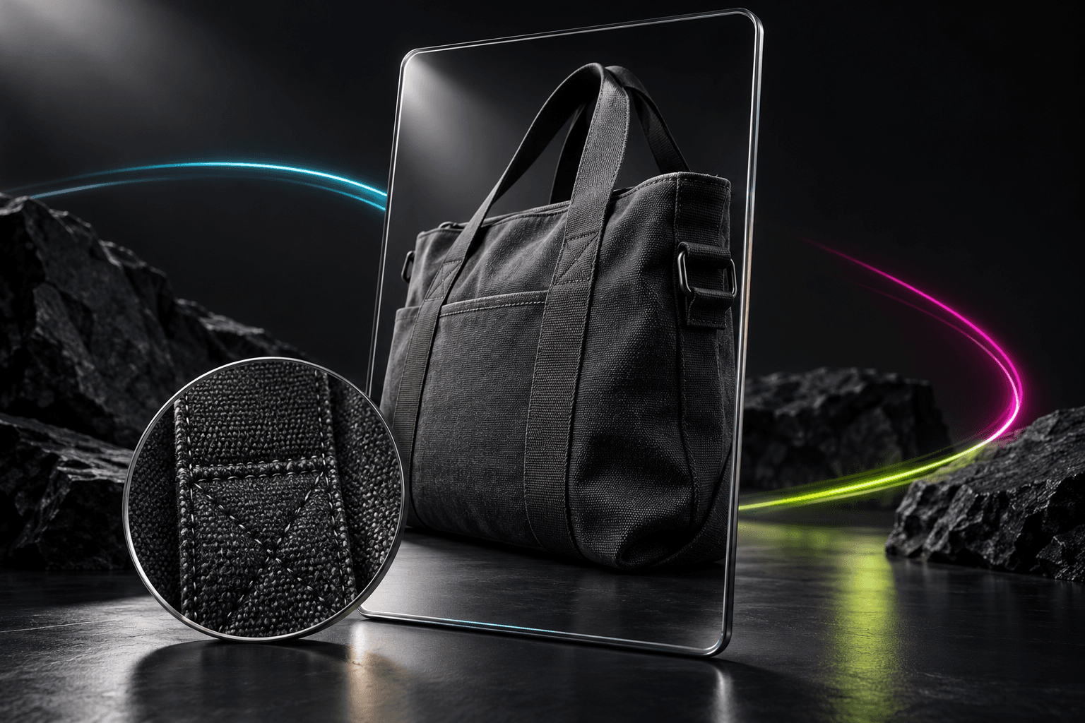 A vertical video frame reveals the stitching of a canvas carry bag, with restrained motion trails around the product.